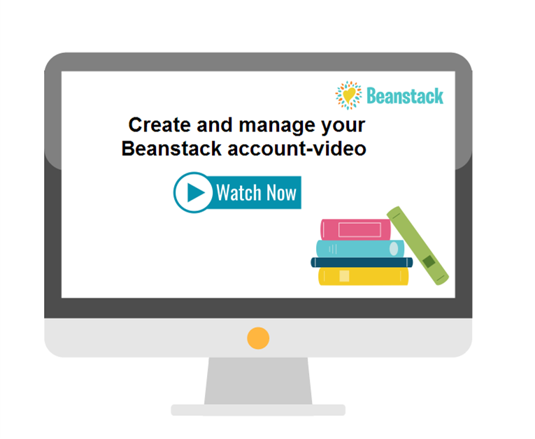 Create and manage your Beanstack video-watch here. Image of computer books and Beanstack logo